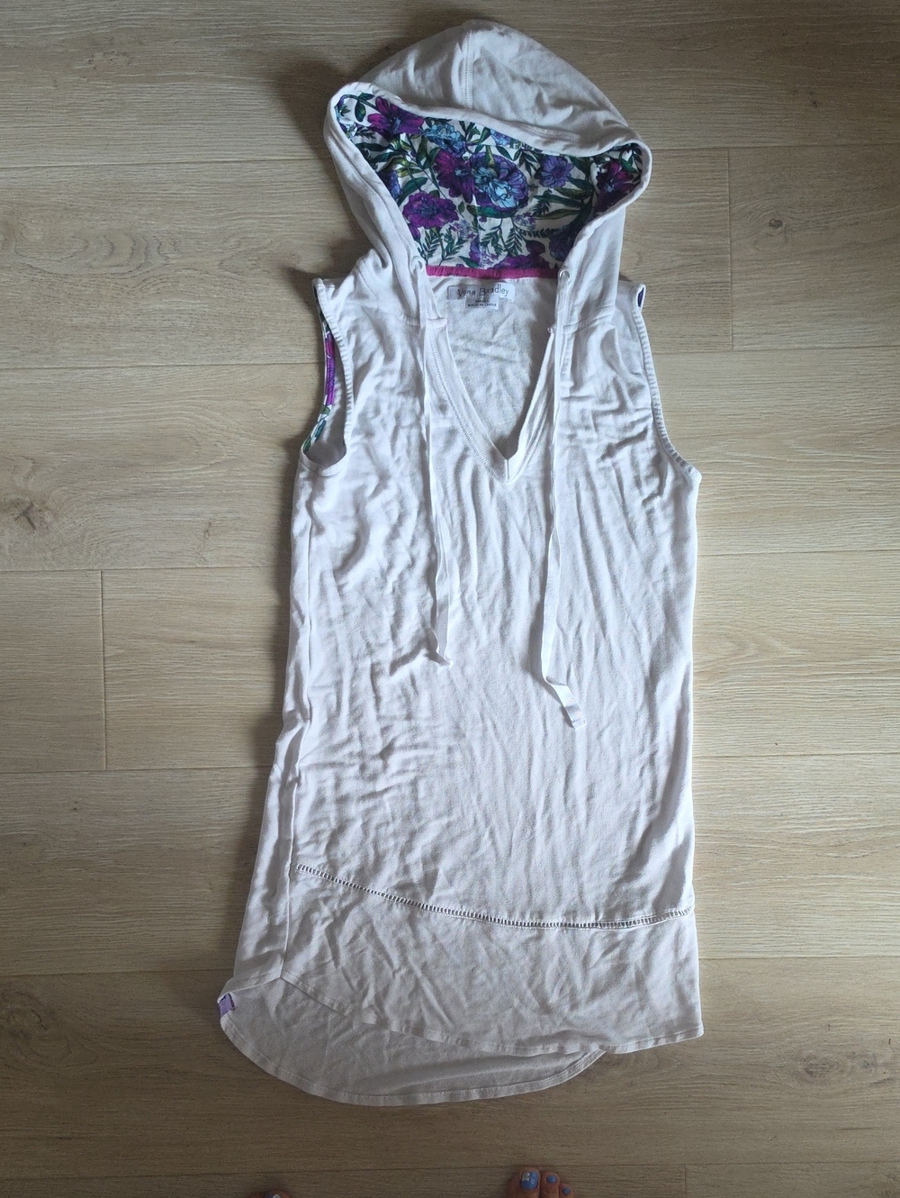 Vera Bradley Cream Sleeveless Hooded Swim Coverup with Floral-Lined Hood